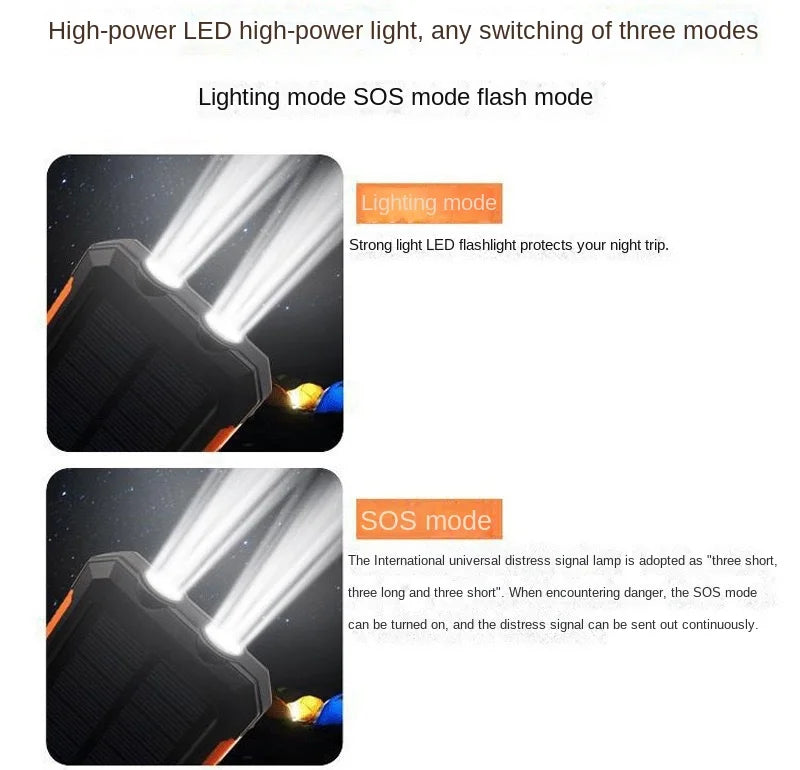 200000mAh Large Capacity Solar Power Bank New Portable With Lanyard Compass External Battery Outdoor Camping Charging Powerbank