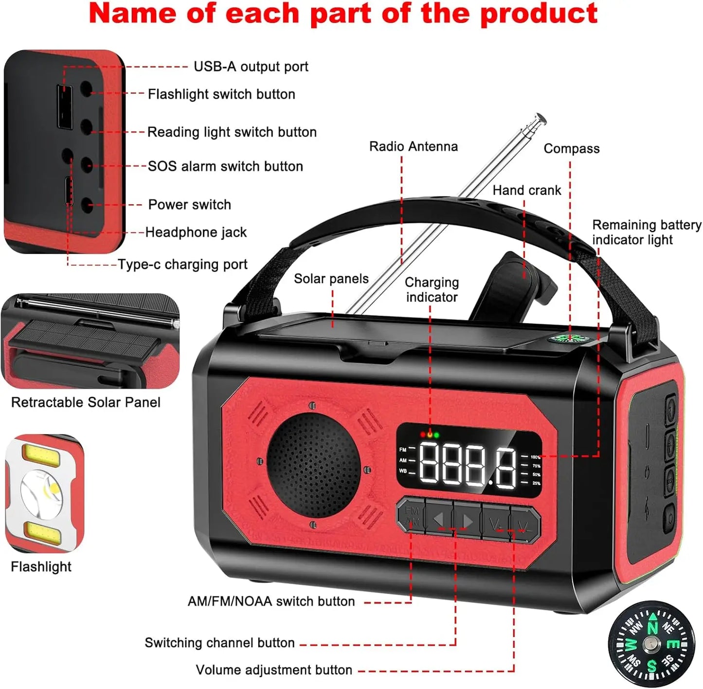 12000mAh Emergency Radio Hand Crank Portable Solar Radio Weather Radio SOS Alarm Flashlight Phone Charger Compass Reading Lamp