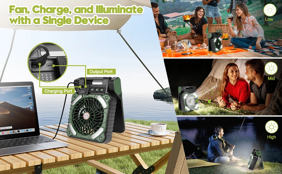10000mAh Solar Powered Portable Camping LED Lantern With Fan 4 Speeds Powerful Wind Rechargeable Battery Operated 90° Folding