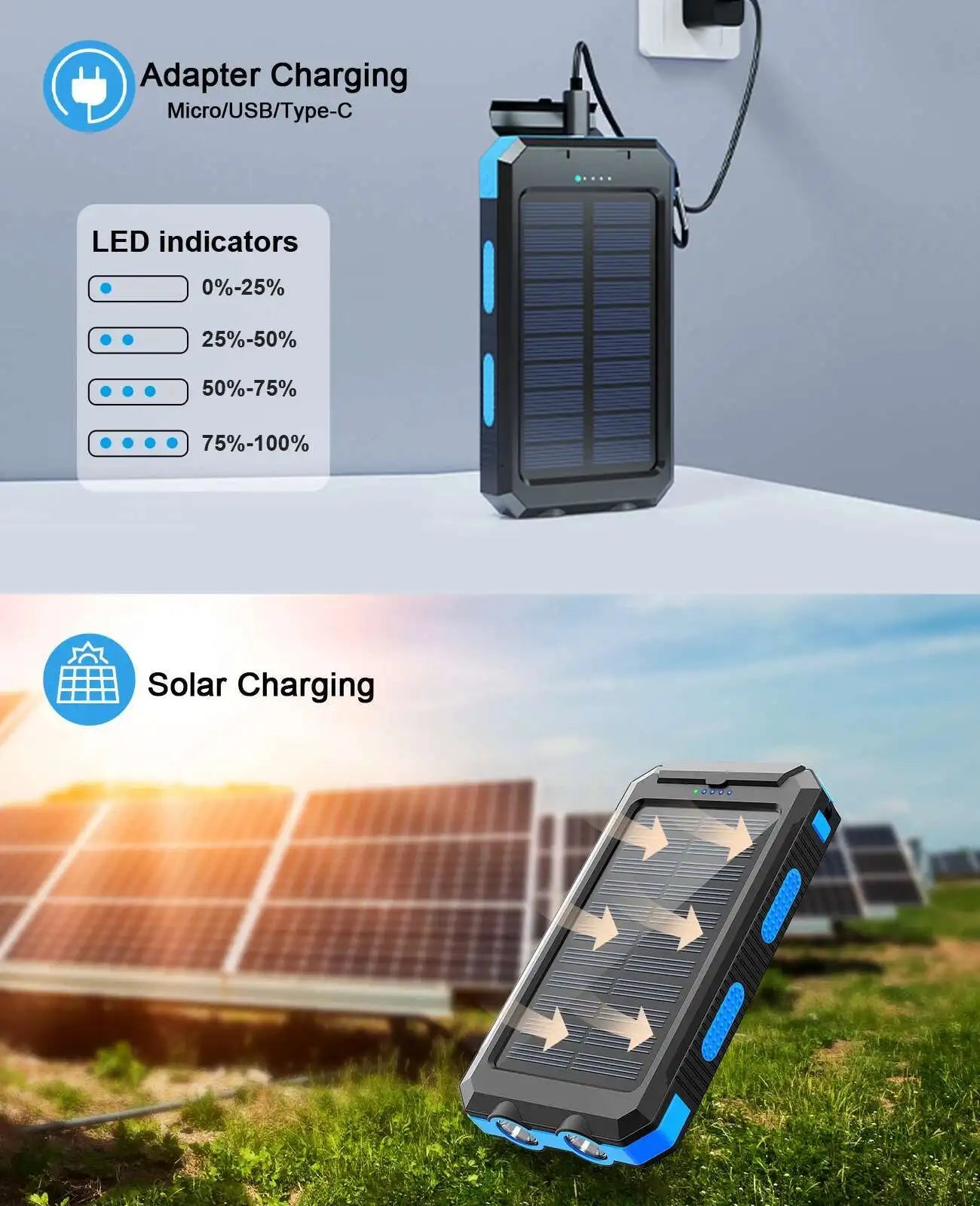 Xilecaly Waterproof Power Bank 20000Mah Dual USB Travel Outdoor Mobile Phone Charger Solar Powerbanks For Camping For iphone 16