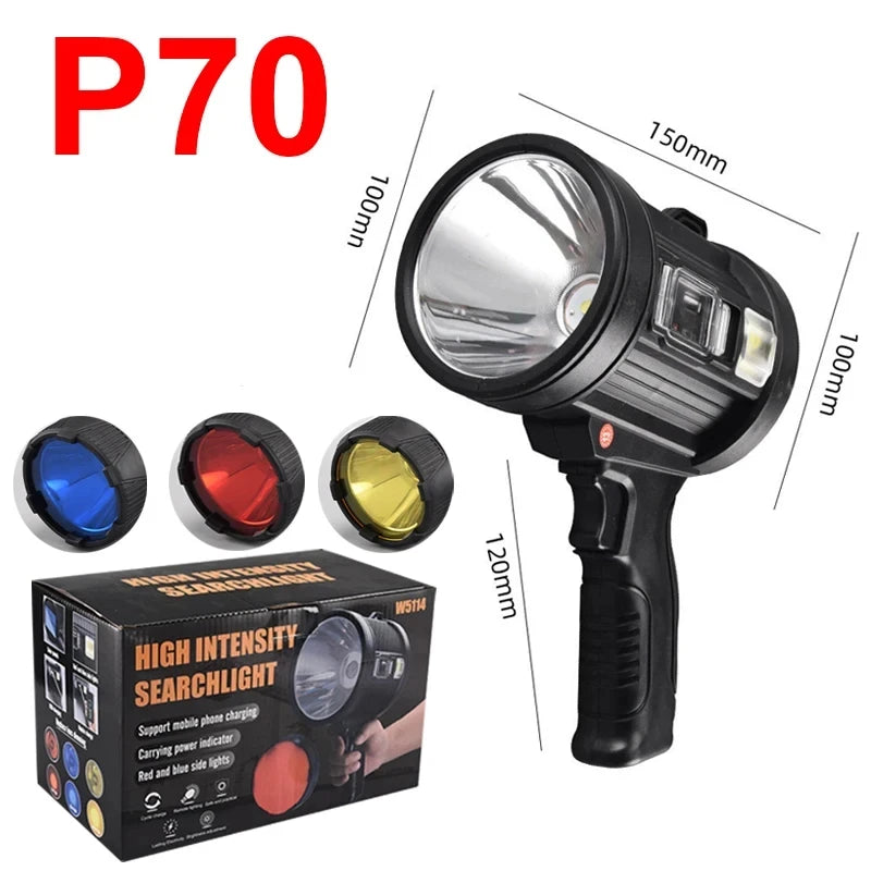 Rechargeable Spotlight, 1000,000 Lumens Handheld Hunting Flashlight Led Spot light with Cob Light and Solar Panels for Camping