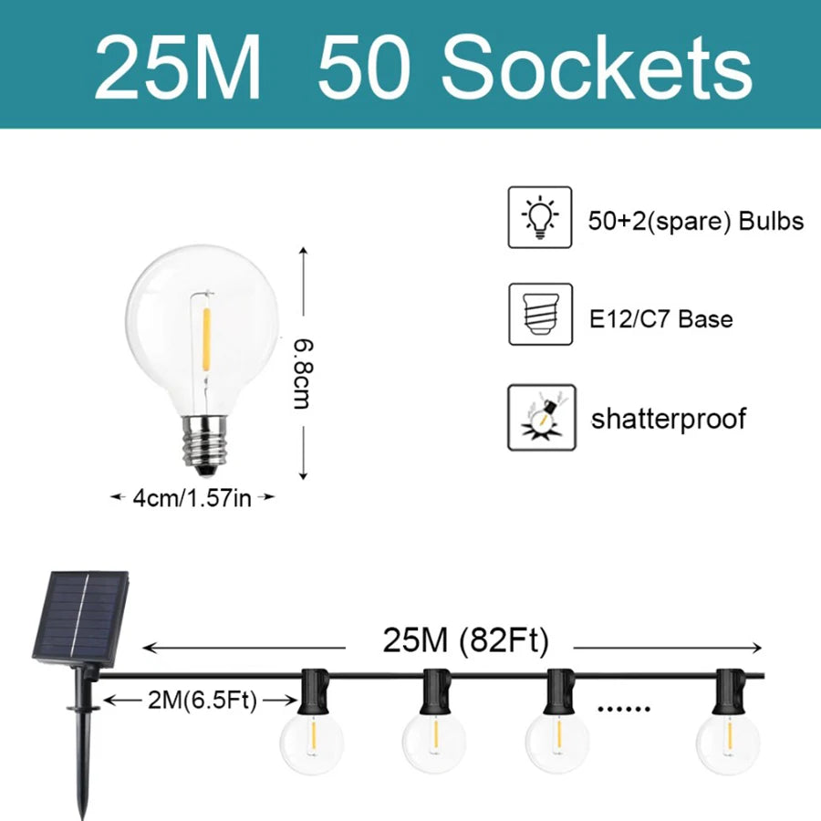 Solar String Lights Outdoor Globe Bulbs LED Outdoor Patio Solar Lamps For Patio Camping Terrace Garden Party Tree Decoration