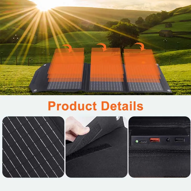 Foldable USB 30W Solar Panel USB QC3.0 USB-C Output Portable Waterproof Battery Charger for Cell Phone Outdoor Camping Hiking