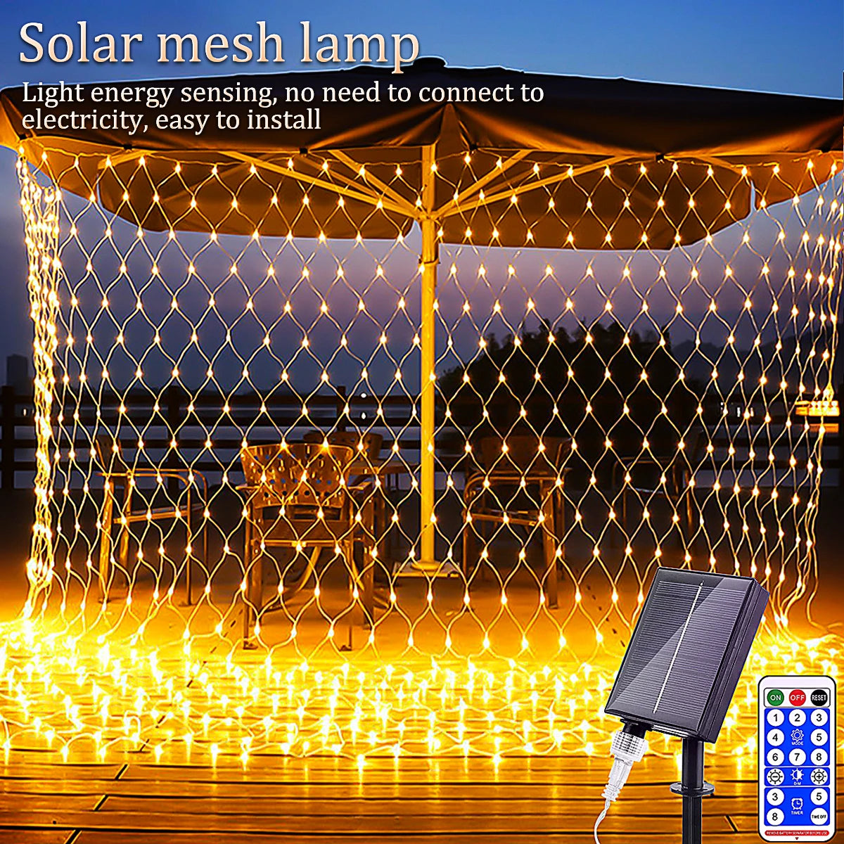 1pc Solar Net Lights Bush Net Lights Mesh Lights 8 Modes Remote Control Auto On/Off Outside Twinkle Lights For Patio Wall Roof