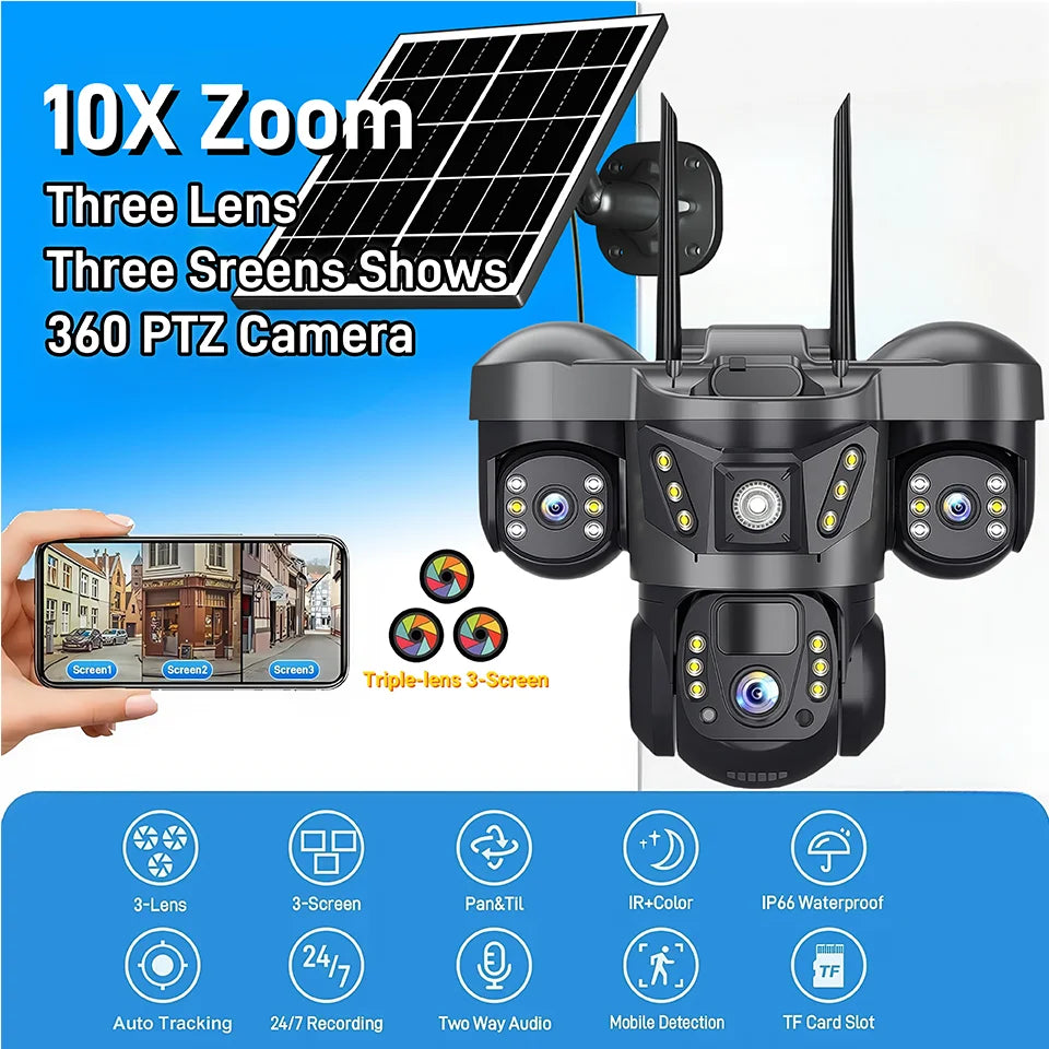 Solar 4G Camera 15MP Triple Lens Triple Screen 10x Zoom Outdoor Waterproof Battery Surveillan PIR Human Detection V380 Pro Cam