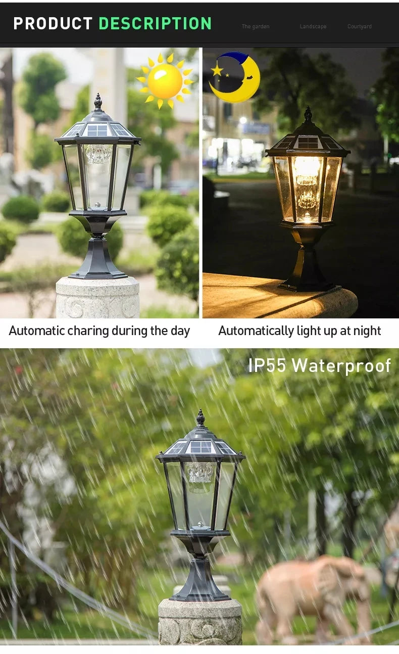 Villa Retro Column Lamps Solar Panel Spotlights LED Light Outdoor Pillar Solar Post Lamp For Patio Garden Decor IP55 Waterproof