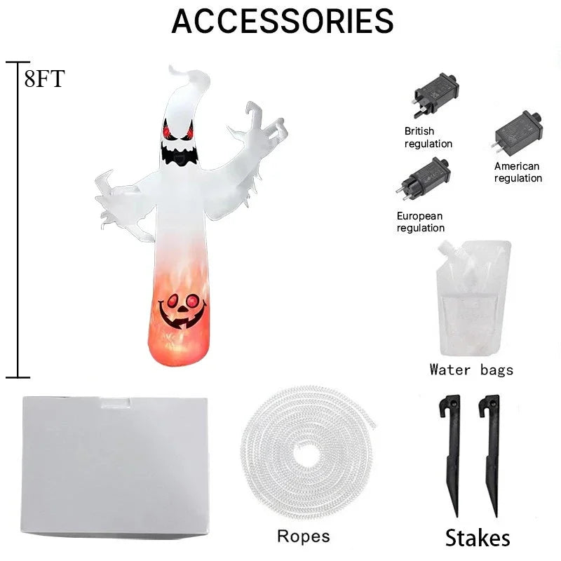 8FT Halloween Party & Holiday DIY Decoration Flame White Ghost Solar Term LED Light Up Lawn Inflatable Model Outside Party Decor