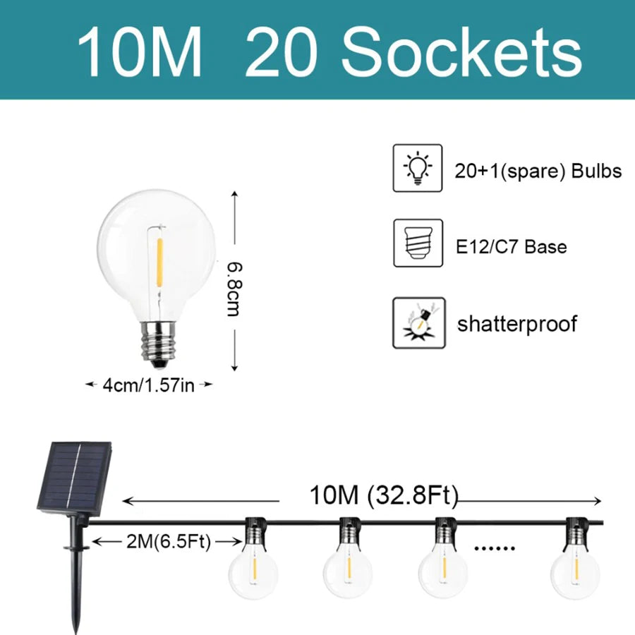 Solar String Lights Outdoor Globe Bulbs LED Outdoor Patio Solar Lamps For Patio Camping Terrace Garden Party Tree Decoration