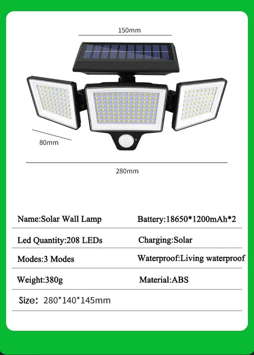 Solar Security Lights Outdoor with 3 Modes Motion Sensor Super Bright Wall Lamp 3 Head Street Light for Garden Yard Path Garage