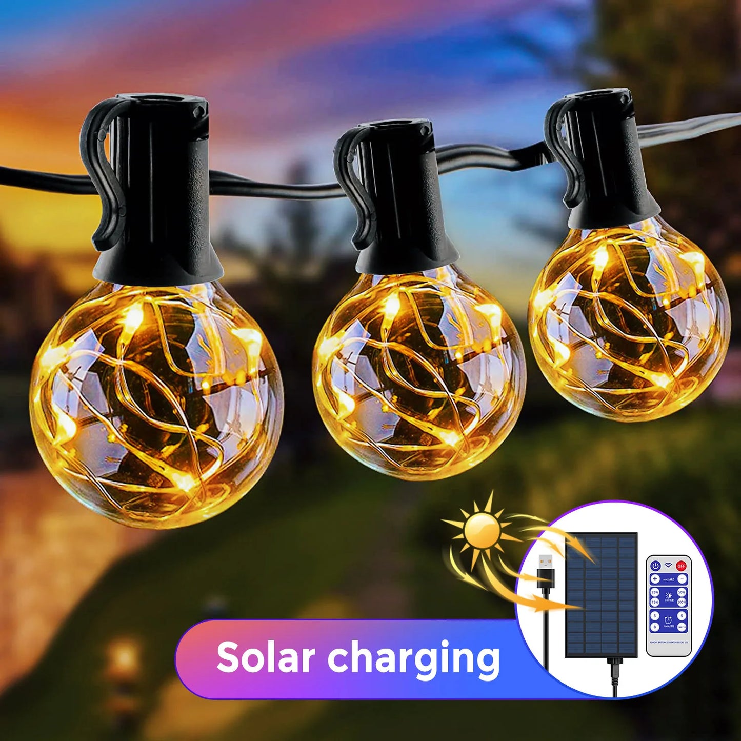 Solar Patio String Light G40,8 Light Modes, Outside Weatherproof Hanging Lights for Backyard Bistro Balcony Pergola Party Decor