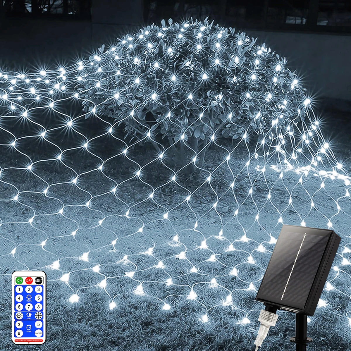 1pc Solar Net Lights Bush Net Lights Mesh Lights 8 Modes Remote Control Auto On/Off Outside Twinkle Lights For Patio Wall Roof