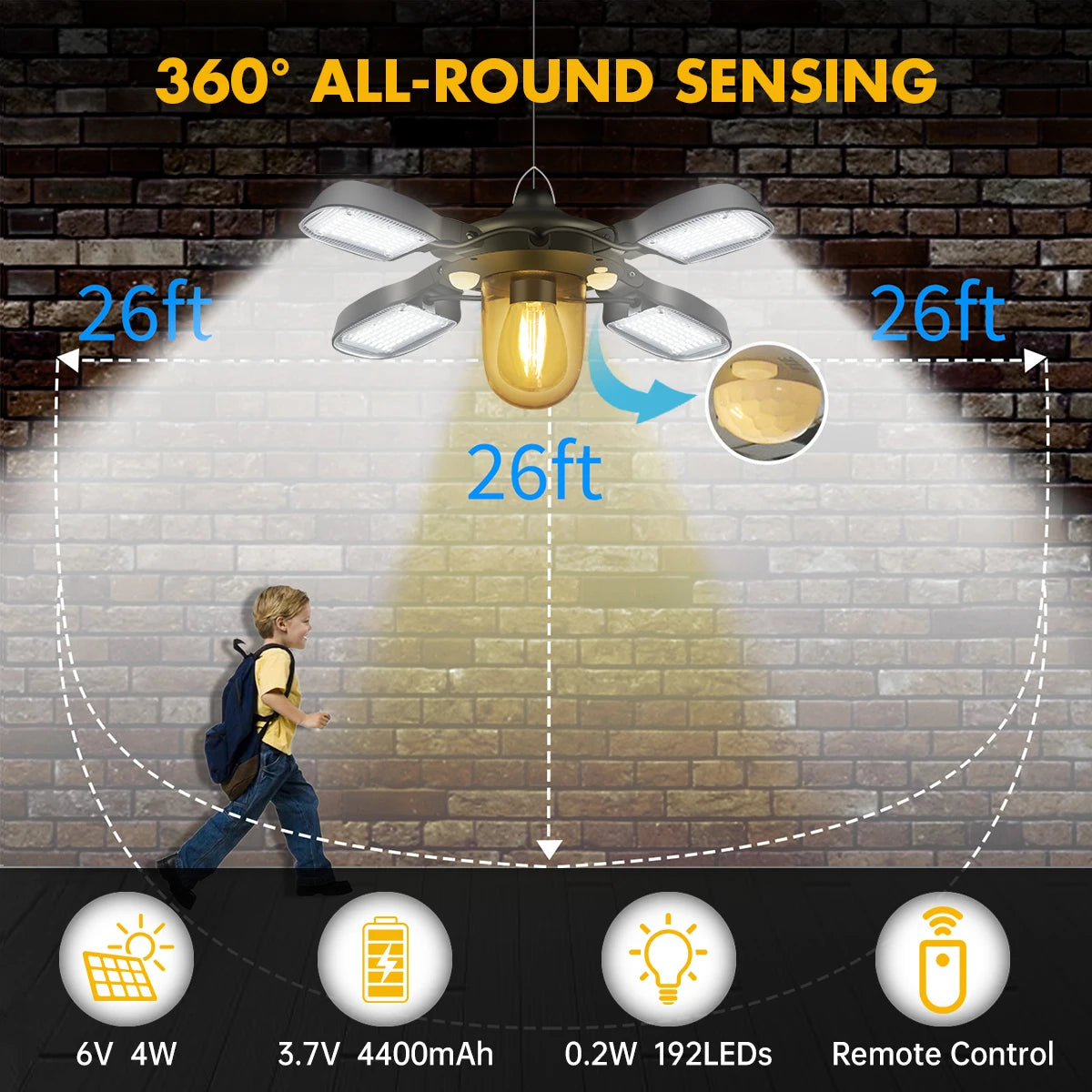 192led Solar Powered Barn Light Solar Shed Light for Indoor and Outdoor 1000LM Dual Motion Sensor Solar Pendant Light For Gazebo