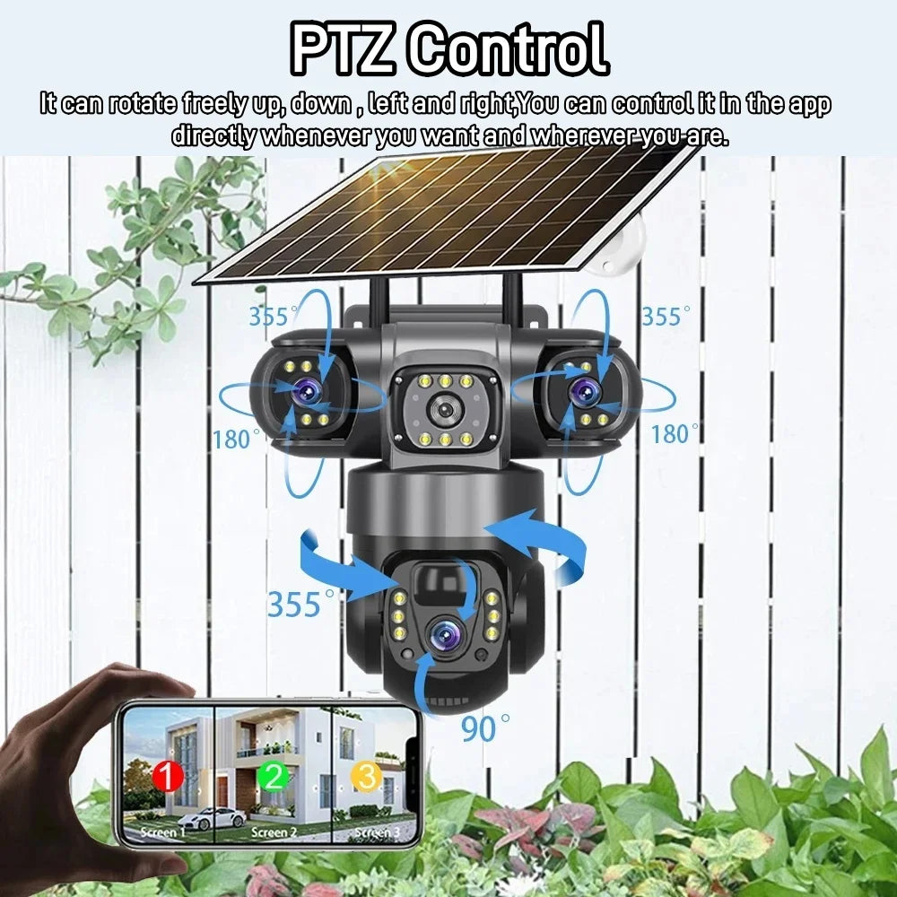 Solar 4G Camera With Sim Card 12MP 6K Three Lens Three Screen Monitor Night Vision Security Protection PTZ Video Surveillance