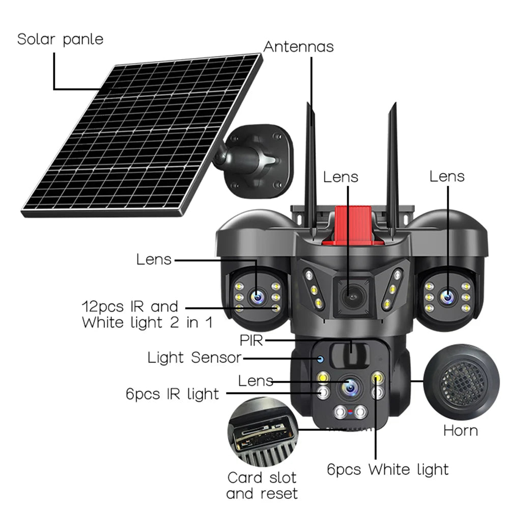 Wireless WiFi Solar Camera Three Lens Three Screen 4G Sim Card Solar Cam Human Detection Outdoor Solar Surveillance V380