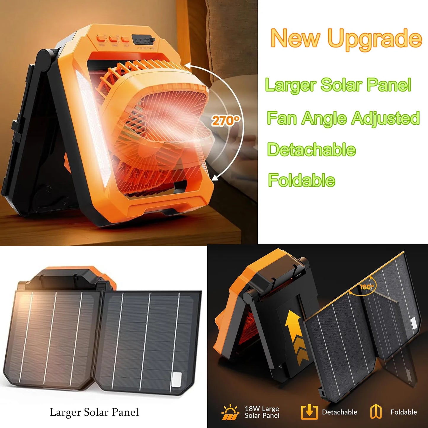 Solar Camping Fan With Foldable&Detachable 18W Solar Panel&20000mAh Rechargeable Battery LED Lantern 3-Speed Silent Timer Hook