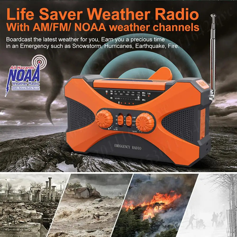 10000mAh Solar Hand Crank Radio Dual Speaker Stereo Emergency Radio Rechargeable FM AM WB NOAA Weather Radio Flashlight Torch