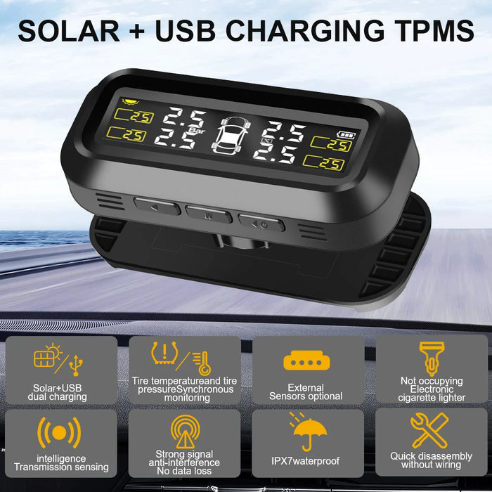 Solar Power External Sensor 2025 Auto Security Alarm Tyre Pressure Car TPMS Tyre Pressure Monitoring System Digital LCD Display