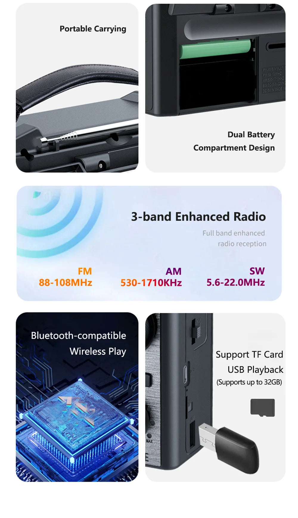 Portable FM AM SW Radio Rechargeable Outdoor Solar Full Band High Sensitivity Radio with LED Illumination and Wireless Speakers