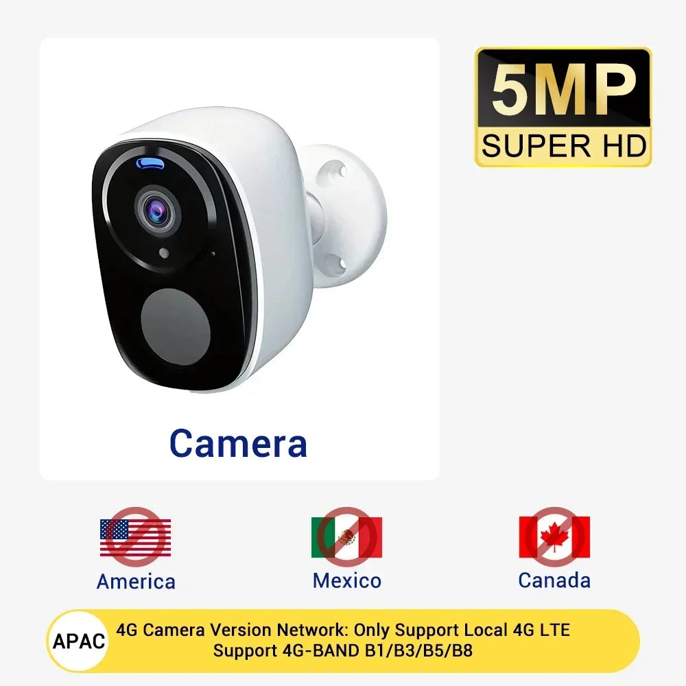 4G Solar Surveillance Camera Wireless Outdoor 2K 5MP Battery Powered Security Camera Spotlight Siren 2-Way Audio Waterproof