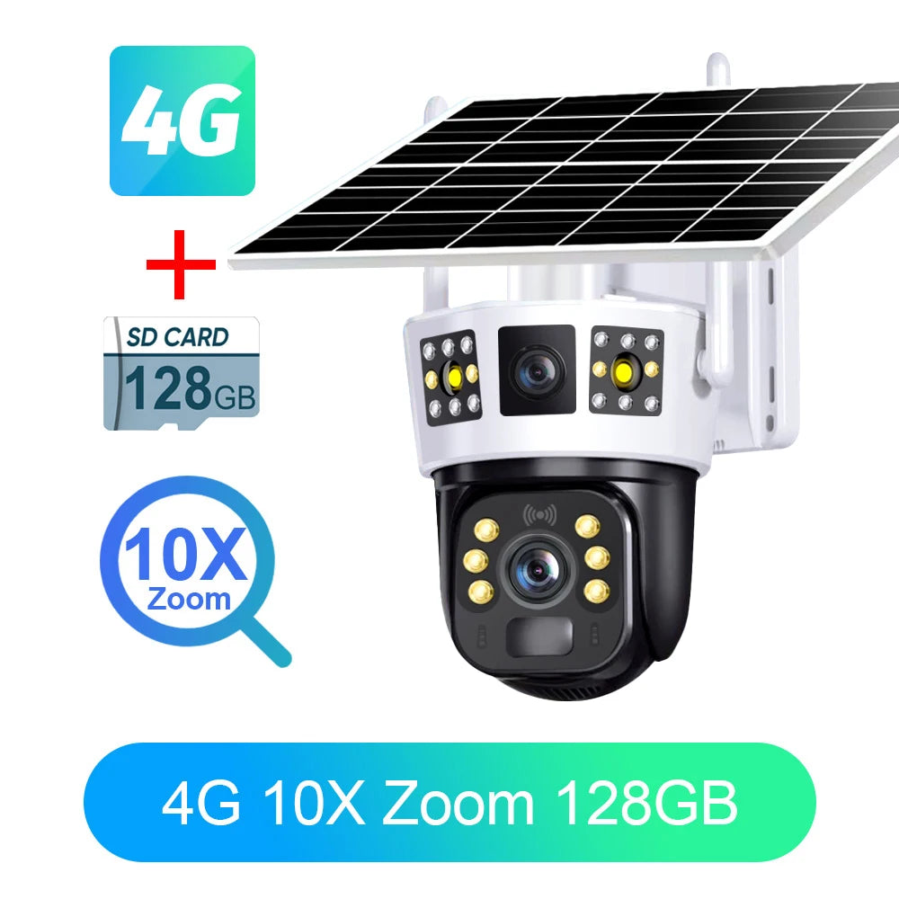 4G Solar Camera 6K 12MP Three Lens PTZ Dual screen PIR Human Tracking Color Night Vision Security CCTV Surveillance IP Camera