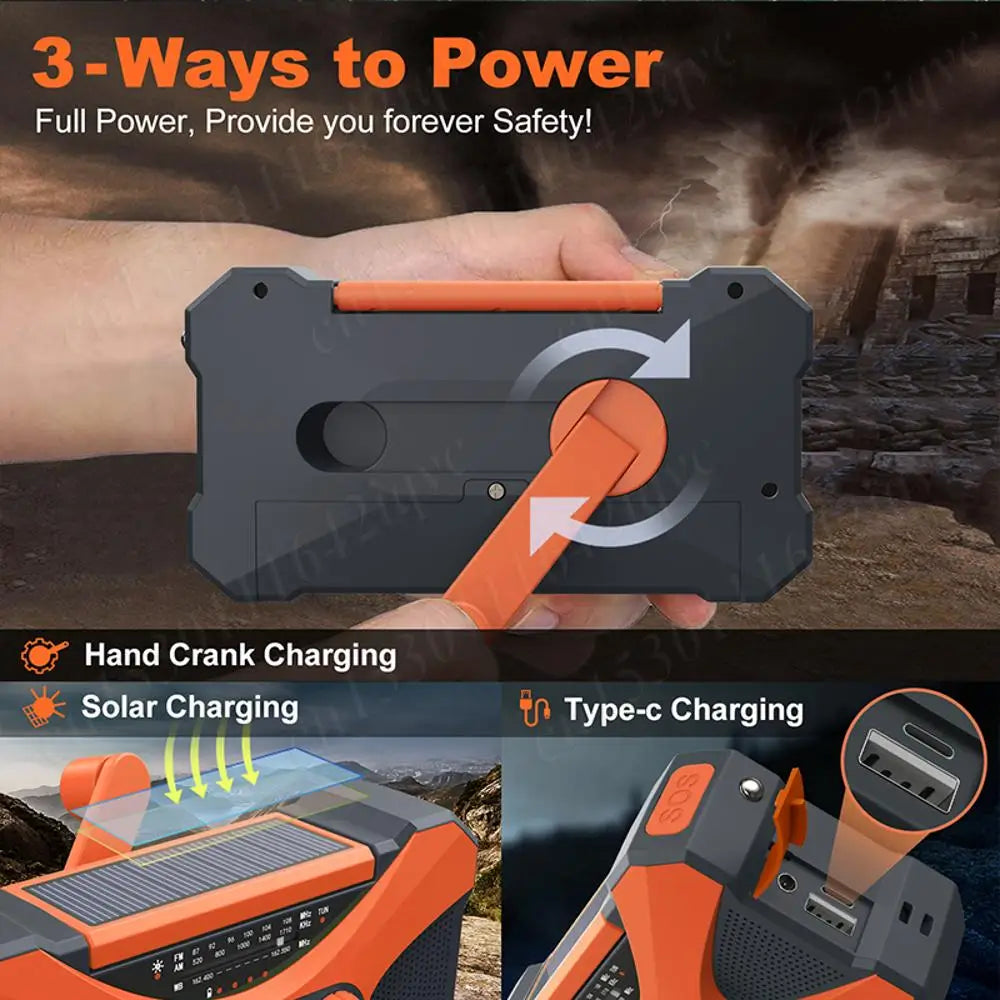 10000mAh Solar Hand Crank Radio Dual Speaker Stereo Emergency Radio Rechargeable FM AM WB NOAA Weather Radio Flashlight Torch
