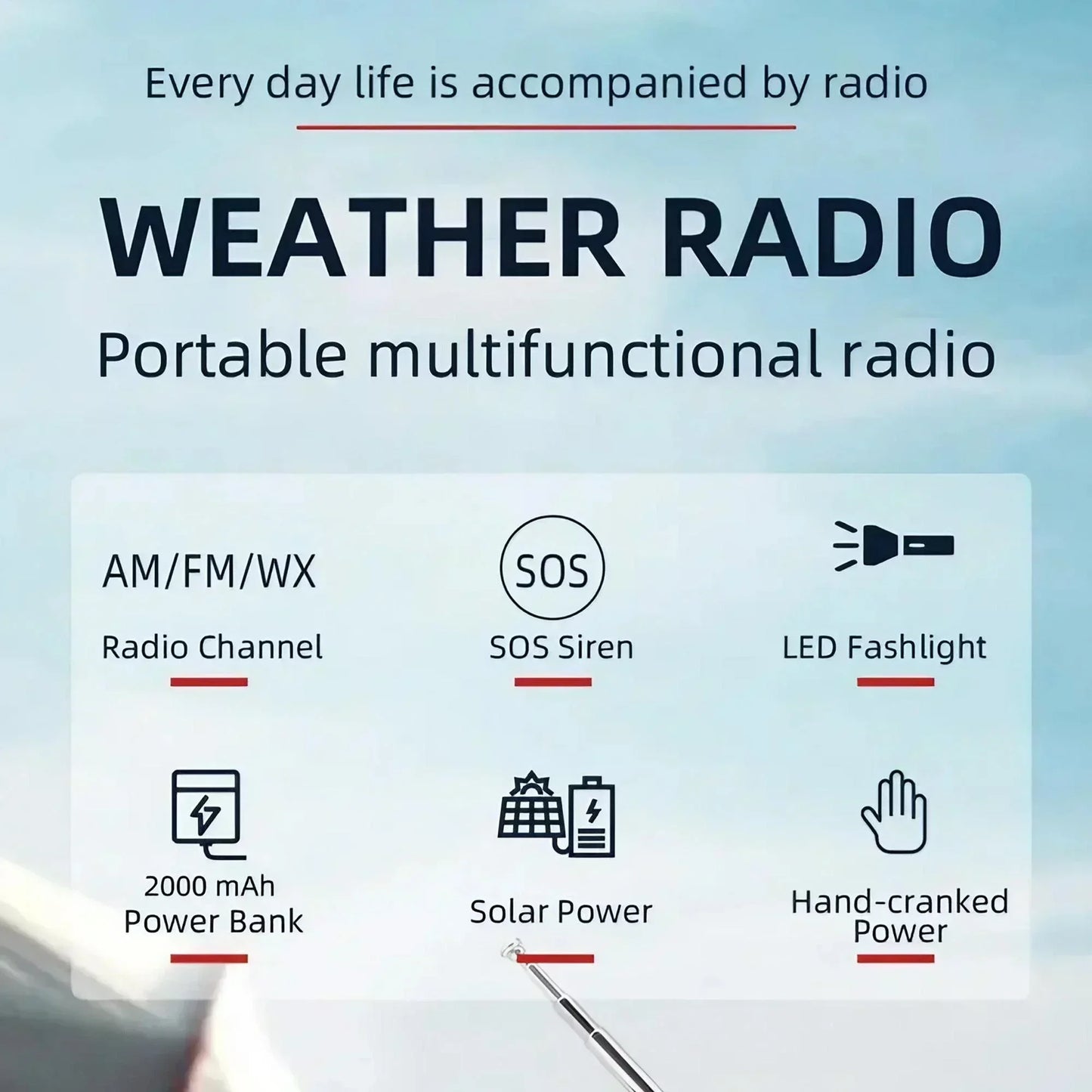 2000mA Outdoor Emergency Radio Portable Power Generation Radio Disaster Prevention Solar Hand Crank Radio AM/FM Radio