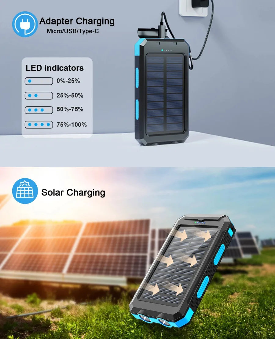 Xilecaly Waterproof Power Bank 20000Mah Dual USB Travel Outdoor Mobile Phone Charger Solar Powerbanks For Camping For iphone 16