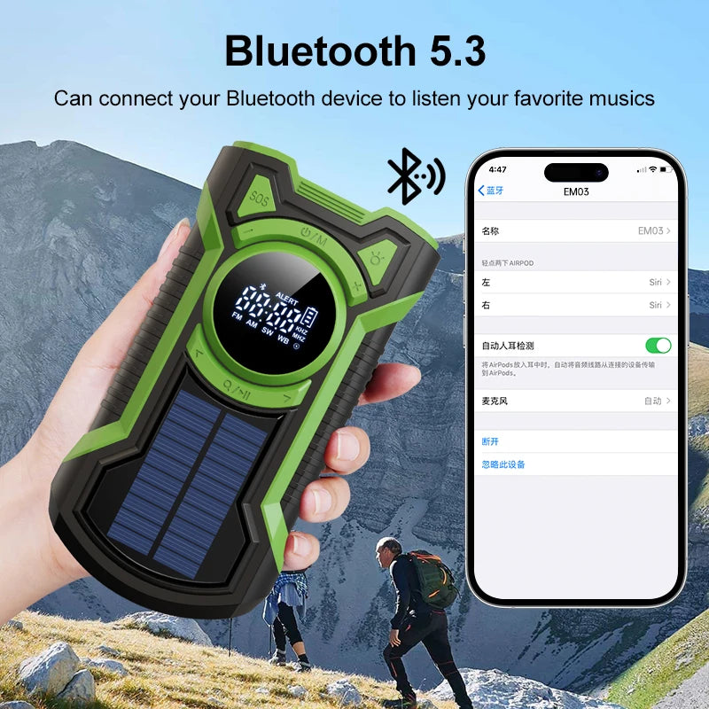 Portable Solar Emergency Weather Radio Bluetooth Compatible with Hand Crank AM FM NOAA and Phone Charger for Outdoor Use