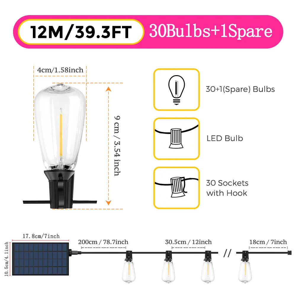 12M/9.5M Solar String Lights Outdoor with Remote, ST38 Patio Lamp & LED IP65 Shatterproof Bulbs, 8 Light Modes for Garden Party