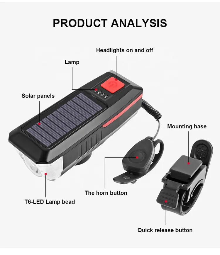 Solar Bicycle Light USB Rechargeable Power Display MTB Mountain Road Bike Front Lamp with Horn Flashlight Bicycle Light
