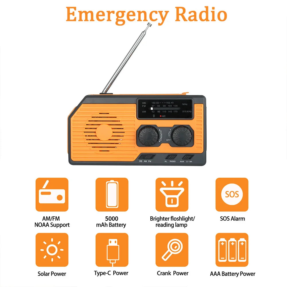 Portable AM/FM/NOAA Weather Radio Emergency Radio Solar Hand Crank Dynamo Radio Flashlight SOS Alarm Power Bank Dropshipping