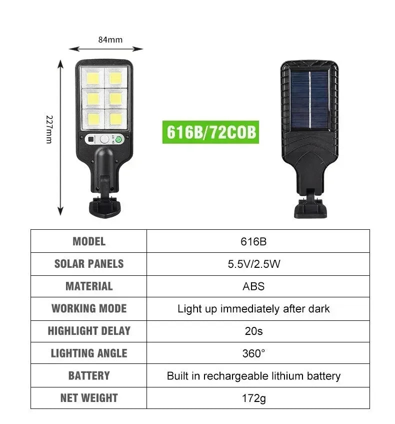 Solar Street Light Outdoor Waterproof Solar Spotlight 72COB 3 Light Modes PIR Motion Sensor Security Lamp for Path Yard Garden