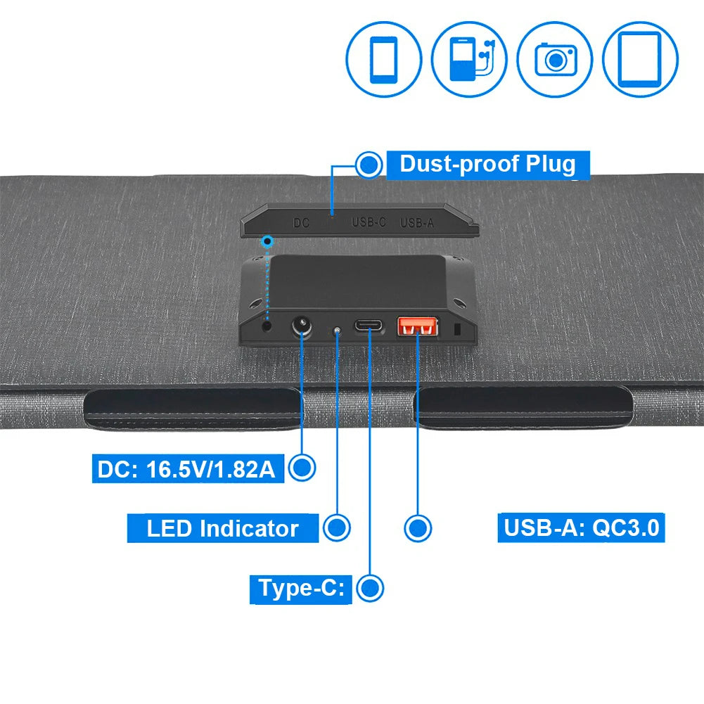 60W Folding Solar Panel with Type-c/USB/DC Ports Foldable Solar Charger IP65 Waterproof Portable Solar Panel Charger Solar Cell