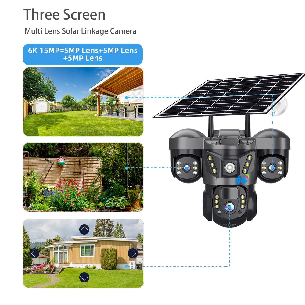 15MP 4G Solar Camera PTZ Outdoor CCTV Triple Lens Three Screen PIR Colour Night Vision Weatherproof V380 PRO Cameras