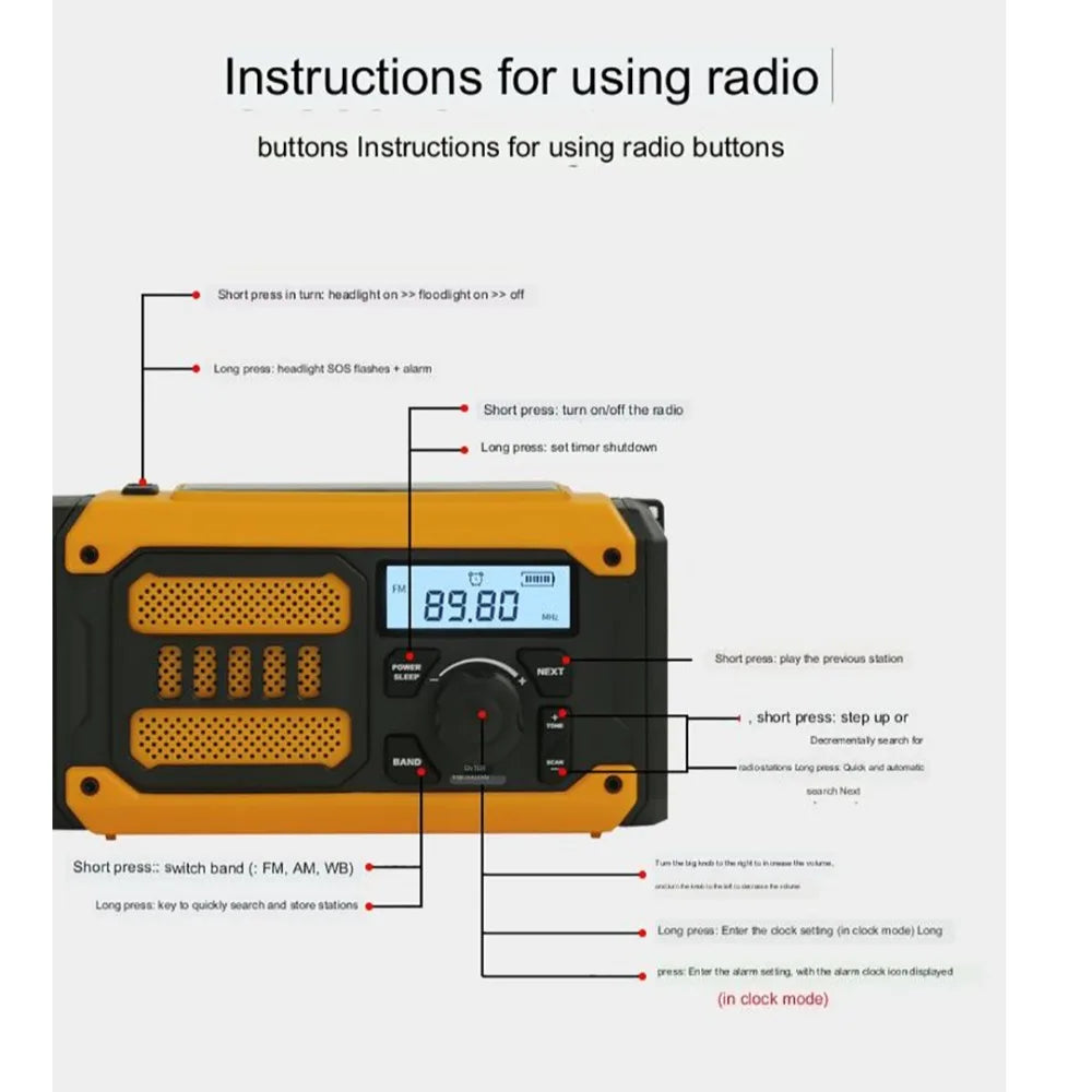 2000mAh Solar Emergency Radio AM FM NOAA Power Bank Portable Weather Radio Multi-band LED Flashlight SOS Outside Radio Universal
