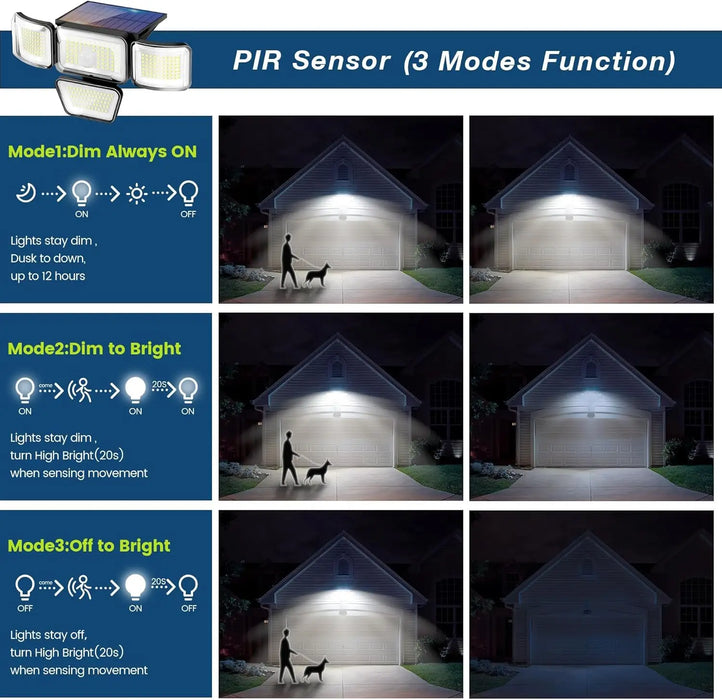 Solar Lights Outdoor 278LED Security Lights Motion Sensor with Remote Control 4 Heads Waterproof Solar Flood Wall Lights Garden