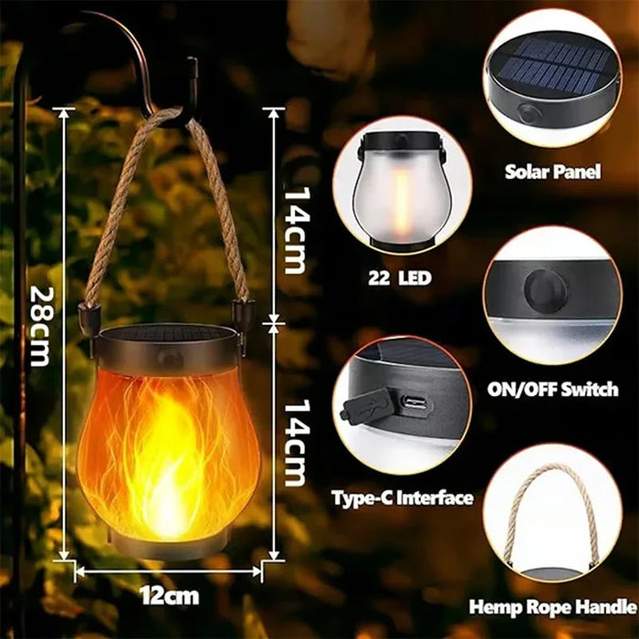 Solar Powered Garden Lantern Solar Flame Lights Flickering LED Light Decorative Yard Decor with Rope Rechargeable Camping Lamp
