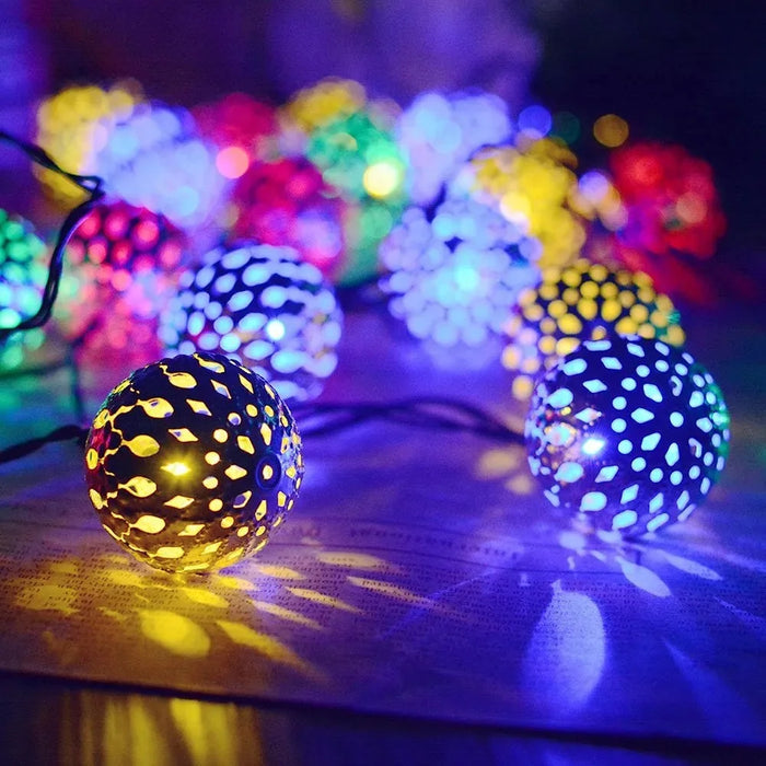 Solar LED String Lights Outdoor Iron Art Moroccan Ball Led String Lamp Gold Ball Silver Iron Round Ball