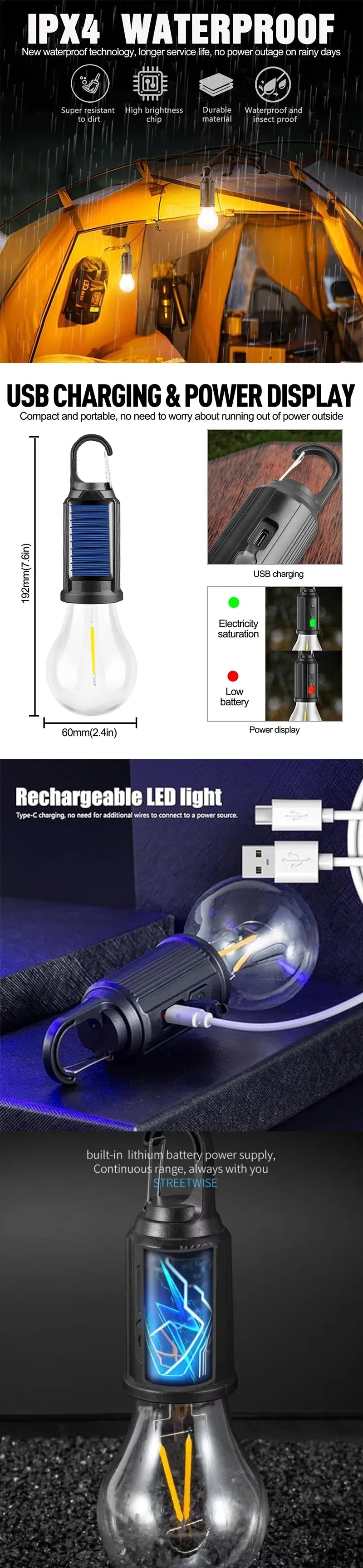 Outdoor Solar Powered LED Lamp Bulbs USB Charging Camping Light Portable Night Lights Waterproof Flashlight Fishing Essentials