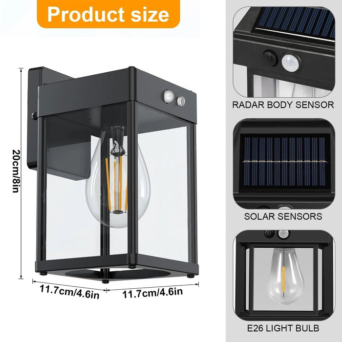 Solar Wall Lights Outdoor Waterproof 3 Modes Motion Sensor Porch Sconces Wall Mounted Light With Metal Frame Glass Shades Shed