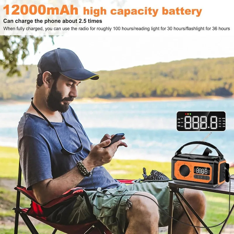 12000mAh Emergency Radio Hand Crank Portable Solar Radio Weather Radio SOS Alarm Flashlight Phone Charger Compass Reading Lamp
