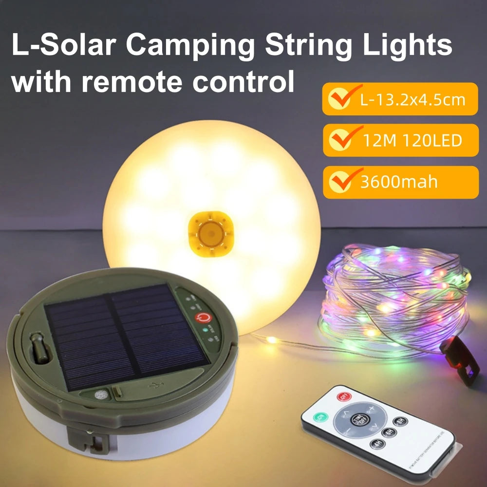 Solar Camping Lamp with String Lights LED Portable Waterproof Tent Lamp with 8 Lighting Modes Hanging Rechargeable Tent Lantern