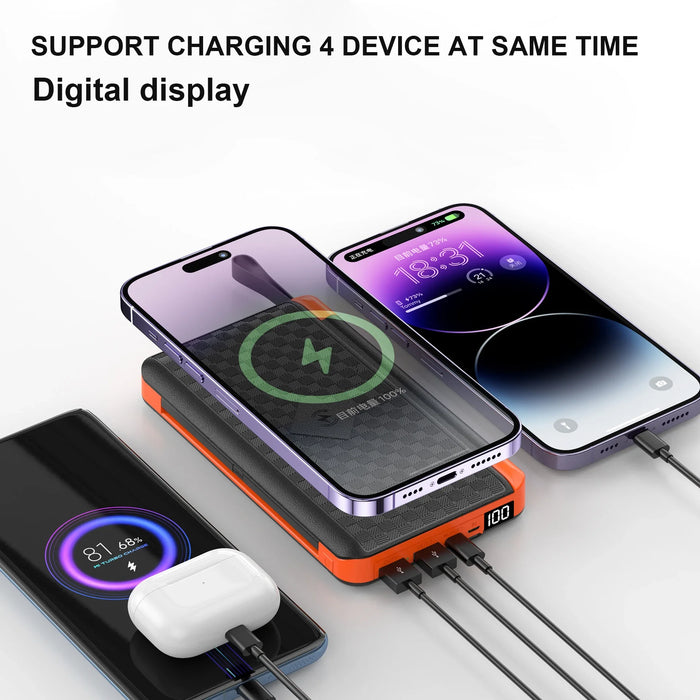 For IPhone 15 14 13 Huawei Xiaomi Poverbank 20000mAh Folding Solar Power Bank with 3 Solar Panel Qi Wireless Charger Powerbank