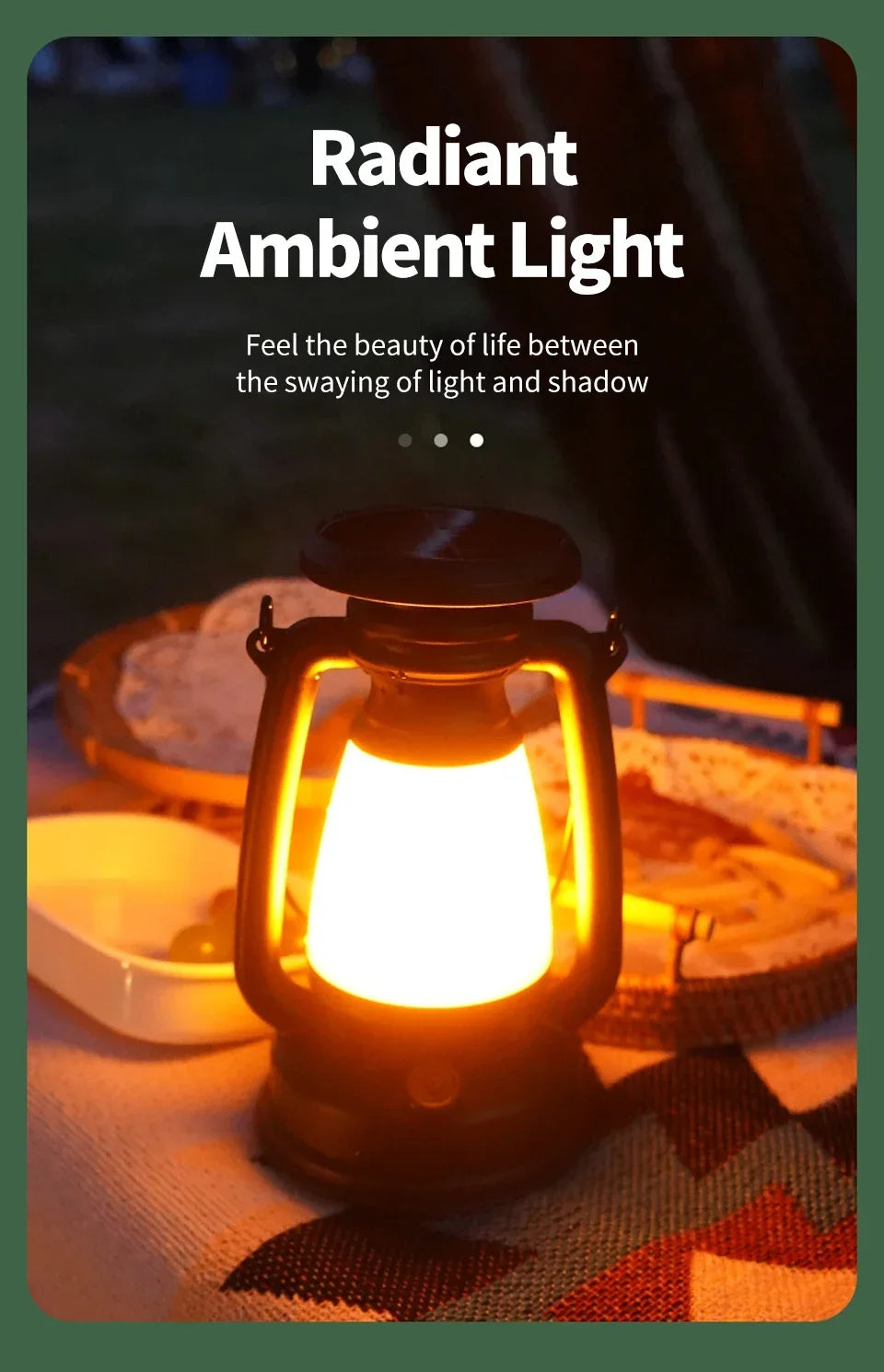 USB Rechargeable/Solar Charging Camping Light Portable Camping Lanterns 3 Lighting Modes Dimming Outdoor Hanging Tent Light