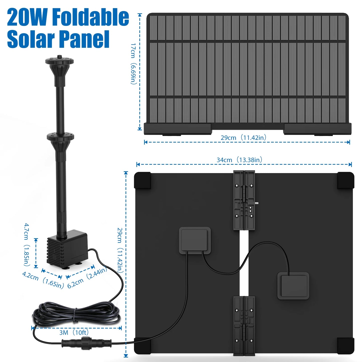 20W Solar Water Pump Foldable Silicone Panels for Garden, Bird Baths, Ponds,Fish Tanks Outdoor Water Feature System with Nozzles