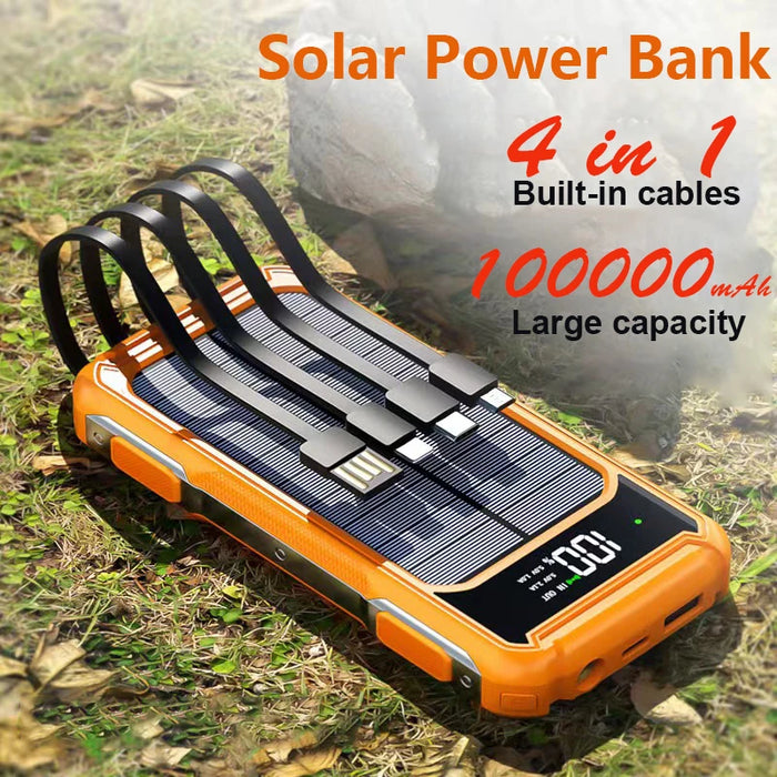 4-in-1 Solar Power Bank Built-in-cables 100000mAh High Capacity Charger Fast Charging Intelligent Digital Display Battery 2025