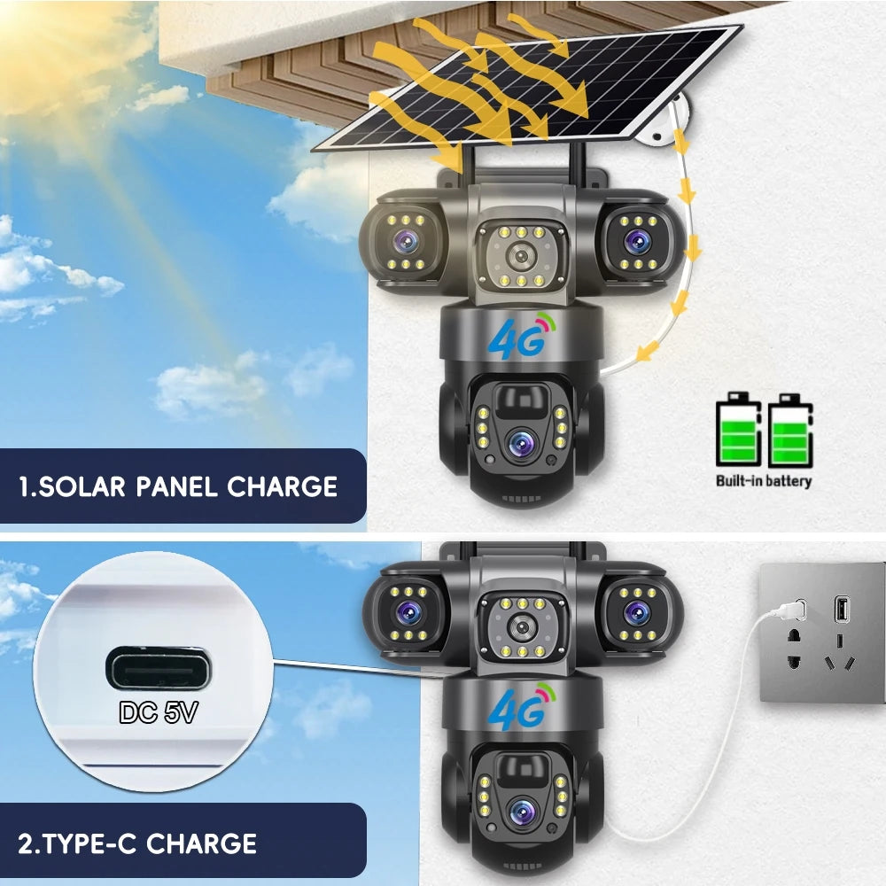 Solar 4G Camera With Sim Card 12MP 6K Three Lens Three Screen Monitor Night Vision Security Protection PTZ Video Surveillance