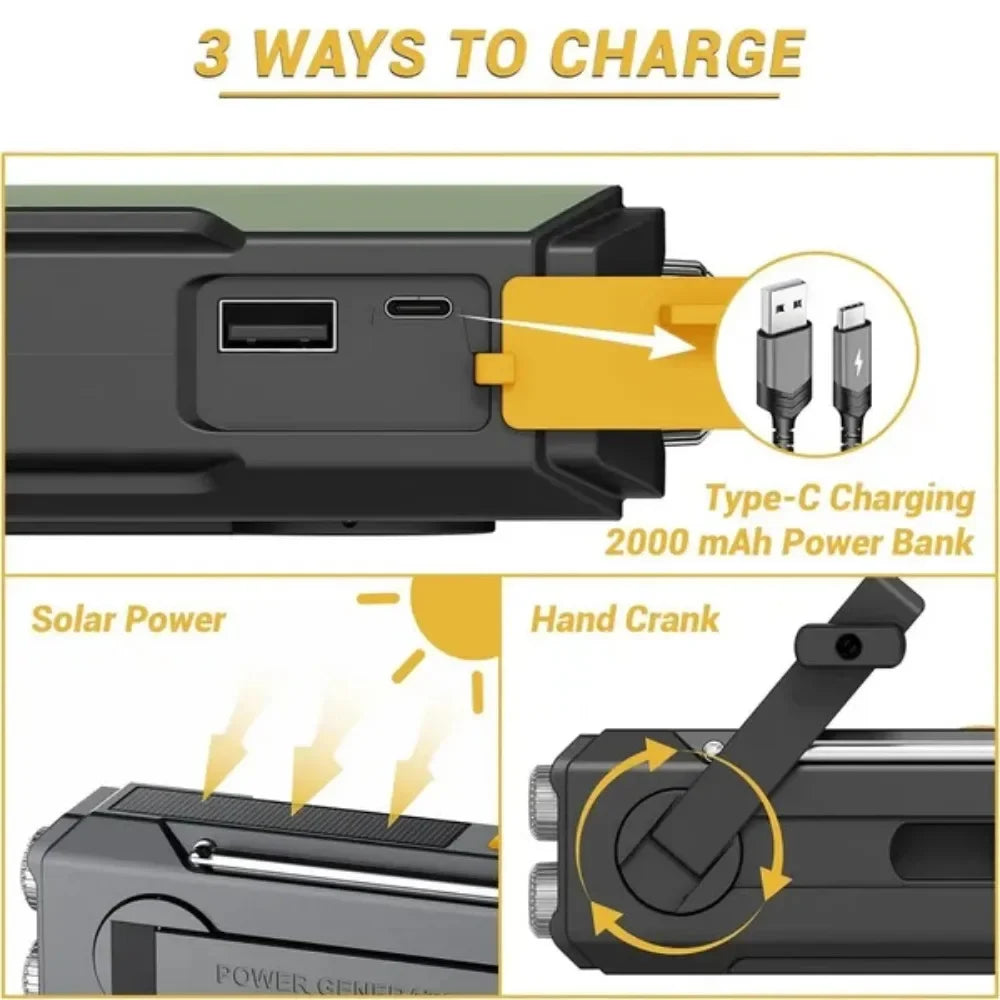 2000mAh Emergency Radio Solar Hand Crank AM FM WB NOAA Weather Global Receiver LED Flashlight SOS Alarm Power Bank