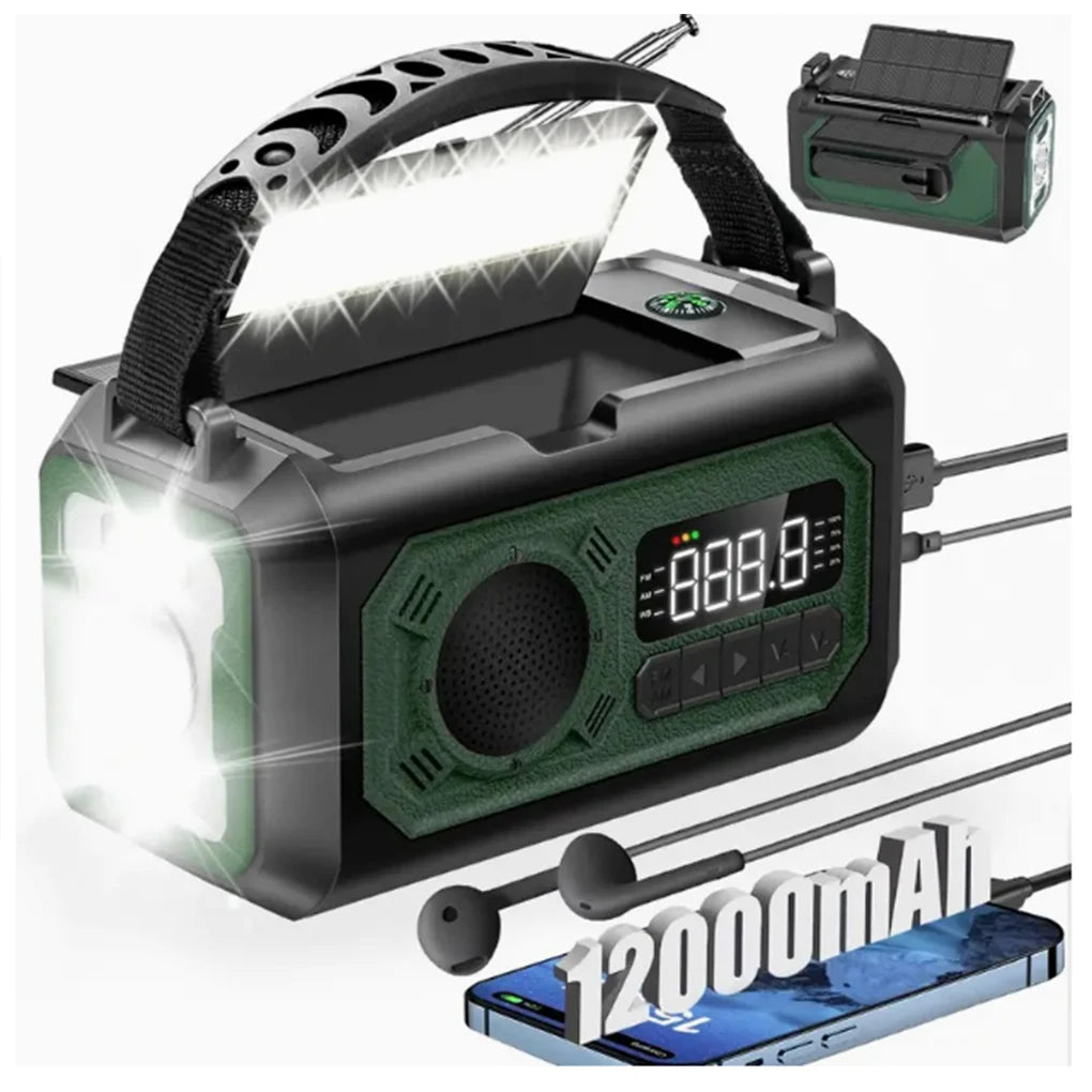 12000mAh Weather Radio AM/FM/NOAA Multifunction Radio Hand Crank Solar Portable Emergency Radio Reading Lamp for Outdoor Camping