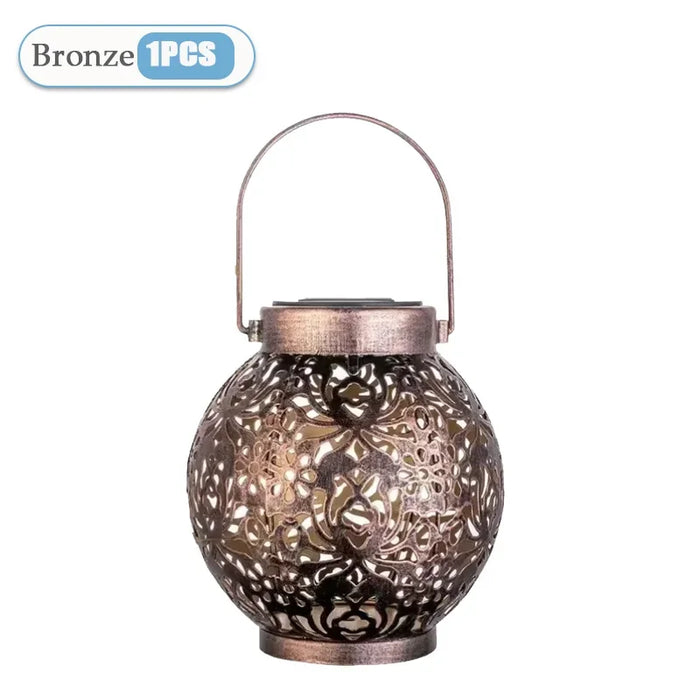 Solar Garden Light Outdoor Garden Decoration Solar Lights Metal Waterproof Round Lantern Lights Hanging Hollow Projection Lights